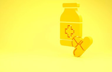 Sarı ilaç şişesi ve sarı arka planda izole edilmiş hap ikonu. Şişe hapı işareti. Eczane tasarımı. Minimalizm kavramı. 3d illüstrasyon 3d canlandırma