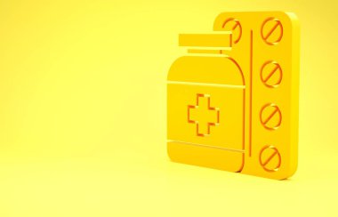 Sarı ilaç şişesi ve sarı arka planda izole edilmiş hap ikonu. Şişe hapı işareti. Eczane tasarımı. Minimalizm kavramı. 3d illüstrasyon 3d canlandırma