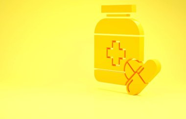 Sarı ilaç şişesi ve sarı arka planda izole edilmiş hap ikonu. Şişe hapı işareti. Eczane tasarımı. Minimalizm kavramı. 3d illüstrasyon 3d canlandırma