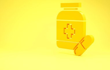Sarı ilaç şişesi ve sarı arka planda izole edilmiş hap ikonu. Şişe hapı işareti. Eczane tasarımı. Minimalizm kavramı. 3d illüstrasyon 3d canlandırma