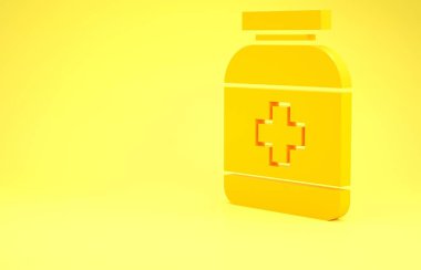 Sarı ilaç şişesi ikonu sarı arka planda izole edilmiş. Şişe hapı işareti. Eczane tasarımı. Minimalizm kavramı. 3d illüstrasyon 3d canlandırma