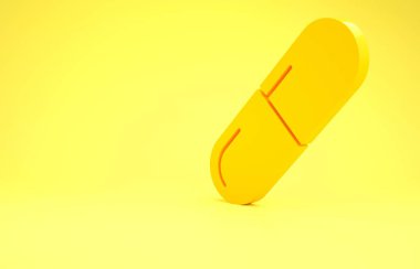 Sarı ilaç hapı ya da sarı arka planda izole edilmiş tablet ikonu. Kapsül hapı ve uyuşturucu işareti. Eczane tasarımı. Minimalizm kavramı. 3d illüstrasyon 3B canlandırma