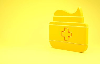 Sarı merhem krem tüp tıp ikonu sarı arka planda izole edilmiş. Tüp, kap, diş macunu, krem rengi. Minimalizm kavramı. 3d illüstrasyon 3B canlandırma