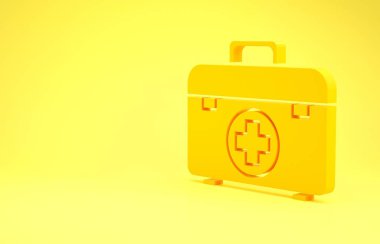 Sarı ilk yardım çantası simgesi sarı arkaplanda izole edildi. Haçlı sağlık kutusu. Acil durumlar için tıbbi ekipman. Sağlık sigortası konsepti. Minimalizm kavramı. 3d illüstrasyon 3B canlandırma