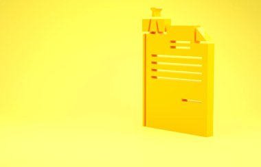 Yellow File document and binder clip icon isolated on yellow background. Checklist icon. Business concept. Minimalism concept. 3d illustration 3D render