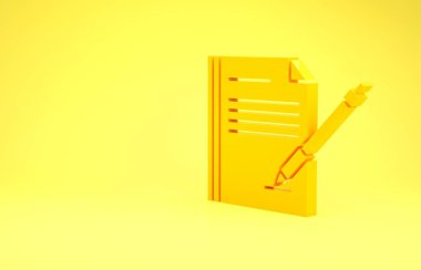 Yellow Blank notebook and pen icon isolated on yellow background. Paper and pen. Minimalism concept. 3d illustration 3D render