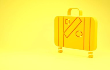 Yellow Suitcase for travel and stickers icon isolated on yellow background. Traveling baggage sign. Travel luggage icon. Minimalism concept. 3d illustration 3D render