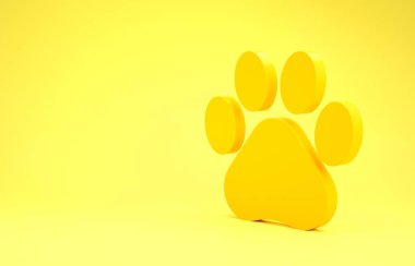 Sarı arka planda izole edilmiş sarı Paw yazdırma simgesi. Köpek ya da kedi pençesi izi. Hayvan izleri. Minimalizm kavramı. 3d illüstrasyon 3B canlandırma