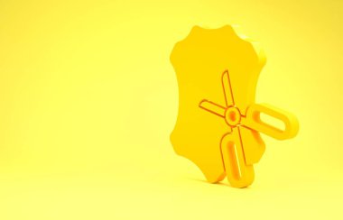Sarı arka planda izole edilmiş sarı makas ve deri ikon. Terzi sembolü. Alet kesme işareti. Minimalizm kavramı. 3d illüstrasyon 3d canlandırma