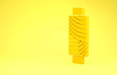 Sarı arkaplanda izole edilmiş sarı dikiş ipliği. İplik makarası. İplik kutusu. Minimalizm kavramı. 3d illüstrasyon 3d canlandırma