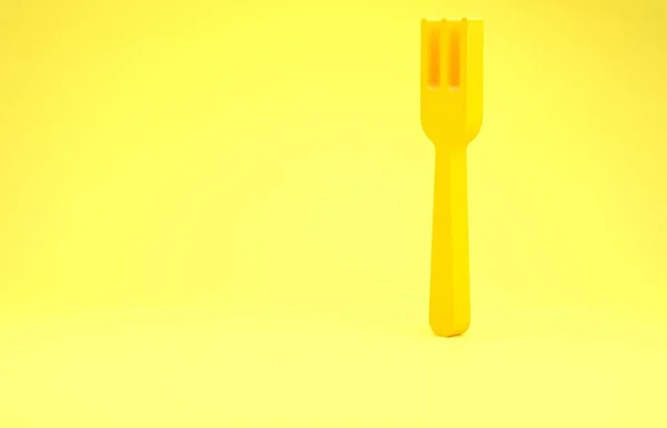 黄色叉子图标孤立在黄色背景上. 餐具的象征。 最低纲领的概念。 3d说明3d — 图库照片