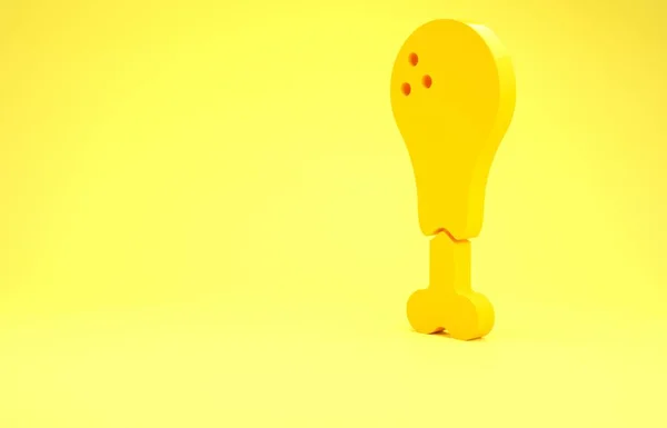 Жовта піктограма курячої ноги ізольована на жовтому тлі. Курячий барабанщик. Концепція мінімалізму. 3D ілюстрація 3D рендеринга — стокове фото