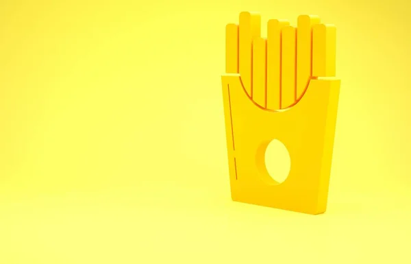 Gele Aardappelen frites in kartonnen doos pictogram geïsoleerd op gele achtergrond. Fastfood menu. Minimalisme concept. 3d illustratie 3D renderen — Stockfoto