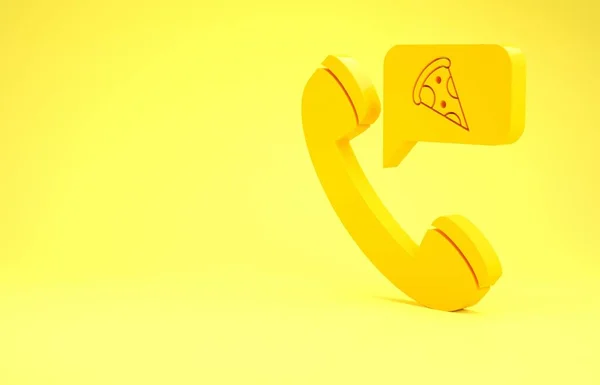 Yellow Food ordinare pizza icona isolata su sfondo giallo. Ordina per telefono cellulare. Concetto di consegna cibo ristorante. Concetto minimalista. Illustrazione 3d rendering 3D — Foto Stock