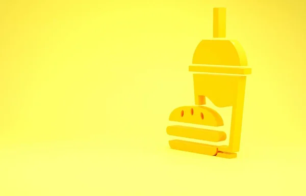 Žluté papírové sklo s pitnou slámou a ikonou hamburgru izolované na žlutém pozadí. Nápis se sodovkou. Hamburger, cheeseburger. Minimalismus. 3D ilustrace 3D vykreslení — Stock fotografie