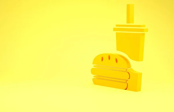 Vidrio de papel amarillo con paja para beber e icono de hamburguesa aislado sobre fondo amarillo. Signo de bebida de soda aqua. Hamburguesa, sándwich de hamburguesa con queso. Concepto minimalista. 3D ilustración 3D render —  Fotos de Stock