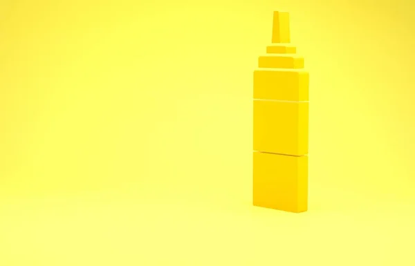 Ikon botol Saus Kuning diisolasi pada latar belakang kuning. Saus tomat, mustard dan botol mayones dengan saus untuk makanan cepat saji. Konsep minimalisme. Tampilan 3D ilustrasi 3d — Stok Foto