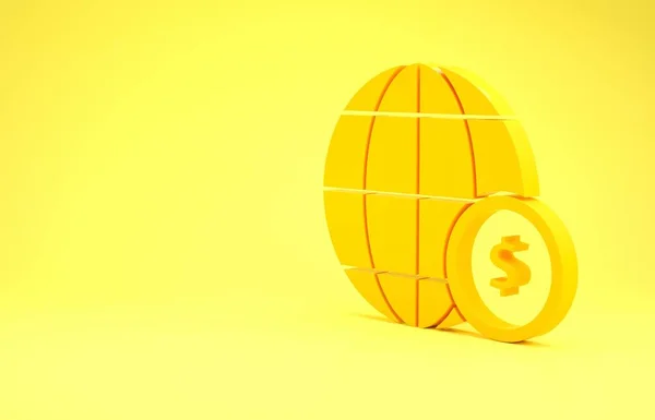 Globo Terra gialla con icona simbolo dollaro isolato su sfondo giallo. Segno del mondo o della Terra. Simbolo internet globale. Forme geometriche. Concetto minimalista. Illustrazione 3d rendering 3D — Foto Stock