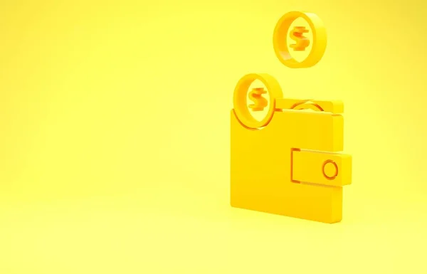 Sarı arka planda izole edilmiş madeni para simgesi olan sarı cüzdan. Çanta ikonu. Nakit tasarruf sembolü. Minimalizm kavramı. 3d illüstrasyon 3B canlandırma