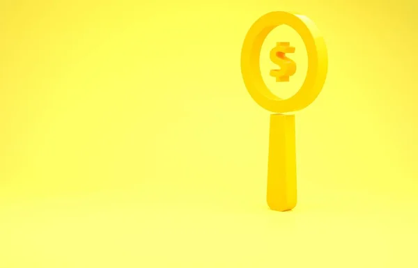 Yellow Magnifying glass and dollar symbol icon isolated on yellow background. Find money. Looking for money. Minimalism concept. 3d illustration 3D render