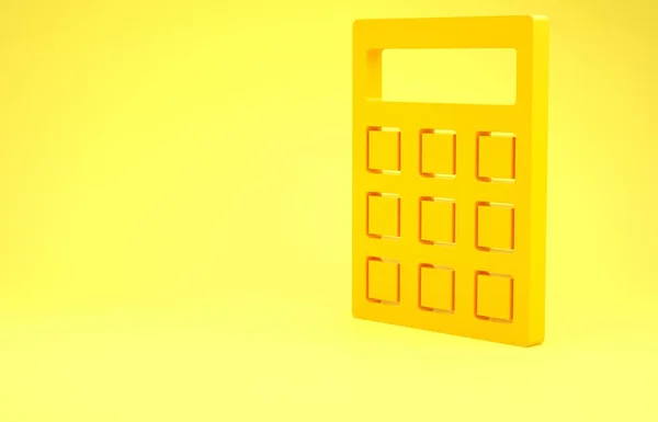 Gul räknemaskin ikon isolerad på gul bakgrund. Bokföringssymbol. Beräkningar matematik utbildning och finans. Minimalistiskt koncept. 3D-återgivning för 3D — Stockfoto