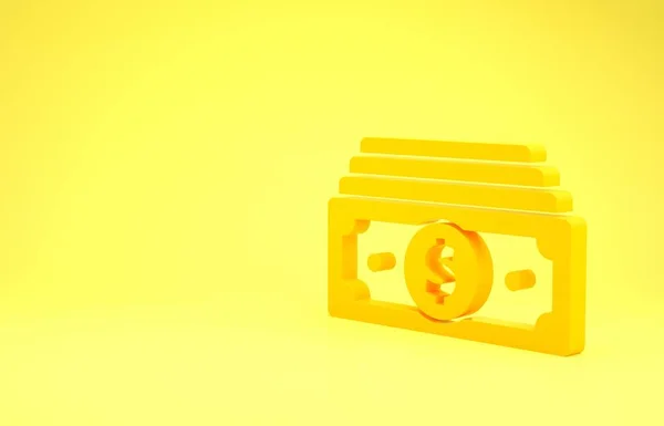 Желтые стопки бумажные деньги иконка денежных средств изолированы на желтом фоне. Пачки денежных купюр. Валюта счета. Концепция минимализма. 3D-рендеринг — стоковое фото