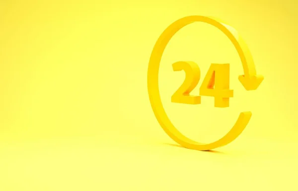 Reloj amarillo icono de 24 horas aislado sobre fondo amarillo. Todo el día icono cíclico. Símbolo de servicio 24 horas. Concepto minimalista. 3D ilustración 3D render — Foto de Stock