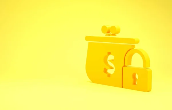 Yellow Closed wallet with lock icon isolated on yellow background. Locked wallet. Security, safety, protection concept. Concept of a safe payment. Minimalism concept. 3d illustration 3D render
