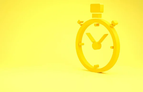 Gelbes Stoppuhr-Symbol isoliert auf gelbem Hintergrund. Zeitzeichen. Chronometerzeichen. Minimalismus-Konzept. 3D Illustration 3D Renderer — Stockfoto