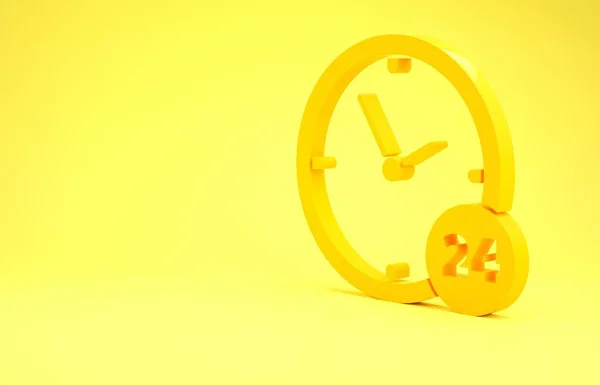 Horloge jaune 24 heures icône isolée sur fond jaune. Icône cyclique toute la journée. Symbole de service 24 heures. Concept de minimalisme. Illustration 3D rendu 3D — Photo