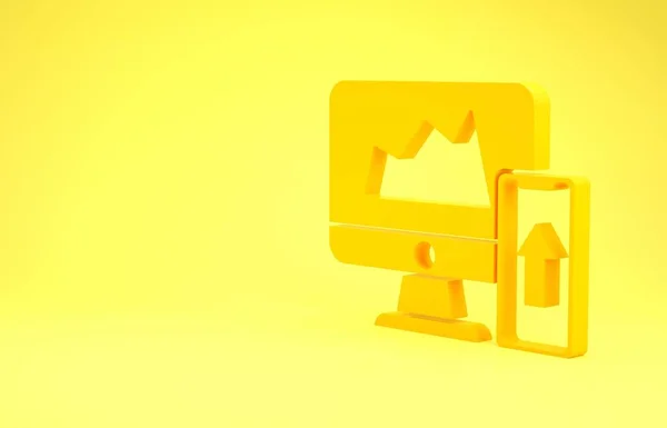 Жовта фінансова діаграма або графік на моніторі комп'ютера і значок мобільного телефону ізольовані на жовтому тлі. Стратегія, планування, дані, інвестиції. Концепція мінімалізму. 3D ілюстрація 3D рендеринга — стокове фото