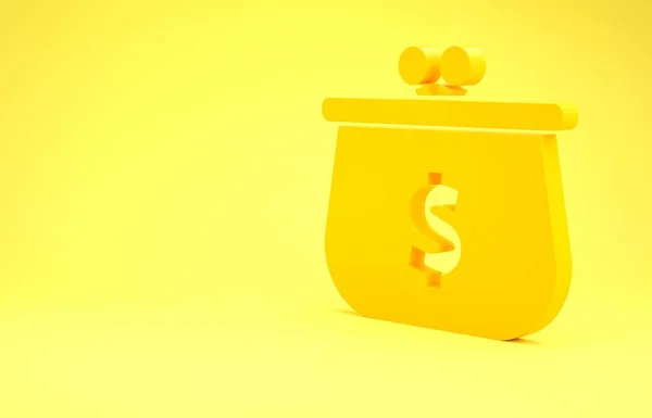 Portefeuille jaune avec icône symbole dollar isolé sur fond jaune. Icône de sac. Symbole d'épargne. Concept de minimalisme. Illustration 3D rendu 3D — Photo