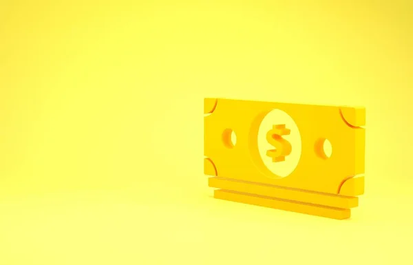 Yellow Stacks papel moneda icono de efectivo aislado sobre fondo amarillo. Billetes de dinero apilados. Billetes. Concepto minimalista. 3D ilustración 3D render —  Fotos de Stock