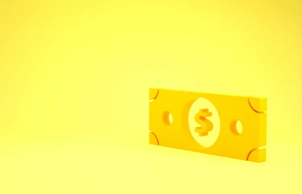 Yellow Stacks papel moneda icono de efectivo aislado sobre fondo amarillo. Billetes de dinero apilados. Billetes. Concepto minimalista. 3D ilustración 3D render — Foto de Stock