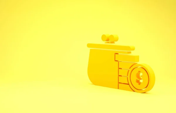 Żółty portfel z ikoną monet na żółtym tle. Ikona torebki. Symbol oszczędności gotówkowych. Koncepcja minimalizmu. Ilustracja 3D 3D renderowania — Zdjęcie stockowe