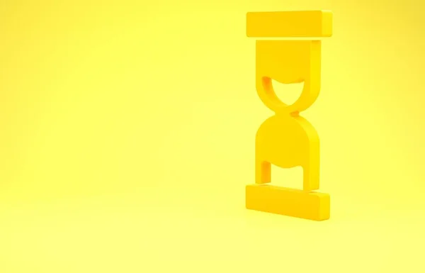 Jaune Vieux sablier avec icône de sable coulant isolé sur fond jaune. Sable horloge signe. Concept de gestion des affaires et du temps. Concept de minimalisme. Illustration 3D rendu 3D — Photo