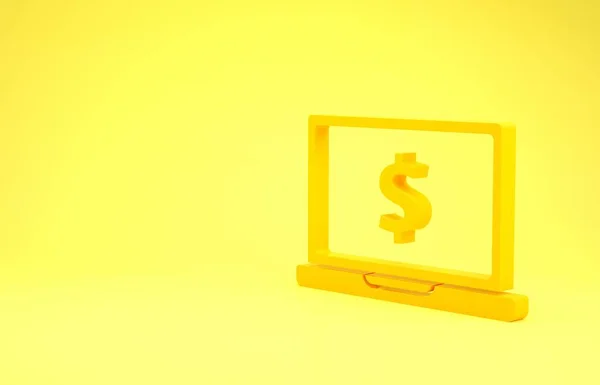 Żółty laptop z ikoną symbolu dolara na żółtym tle. Koncepcja zakupów online. Zarabianie w Internecie, marketing. Koncepcja minimalizmu. Ilustracja 3d — Zdjęcie stockowe