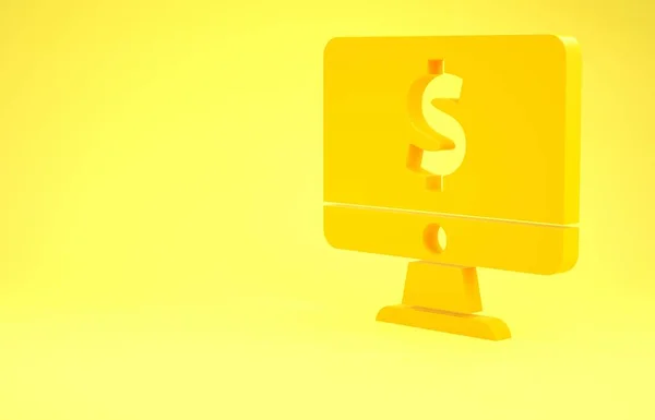 Moniteur d'ordinateur jaune avec icône symbole dollar isolé sur fond jaune. Concept d'achat en ligne. Gains sur Internet, marketing. Concept de minimalisme. Illustration 3D rendu 3D — Photo