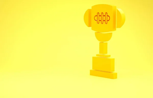 Κίτρινο κύπελλο βραβείο και αμερικανική μπάλα ποδοσφαίρου εικονίδιο απομονώνονται σε κίτρινο φόντο. Σύμβολο τρόπαιο νικητή. Πρωτάθλημα ή τρόπαιο αγώνα. Μινιμαλιστική έννοια. 3D απεικόνιση 3d καθιστούν — Φωτογραφία Αρχείου