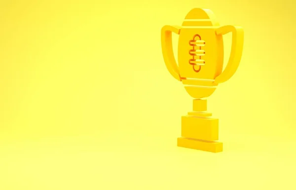 Coppa Premio Giallo e icona della palla da football americano isolato su sfondo giallo. Simbolo del trofeo vincente. Campionato o trofeo di competizione. Concetto minimalista. Illustrazione 3d rendering 3D — Foto Stock