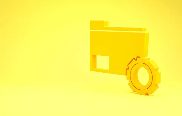 Impostazioni cartella gialla con icona ingranaggi isolato su sfondo giallo. Aggiornamento software, protocollo di trasferimento, gestione degli strumenti di lavoro di squadra, processo di copia. Concetto minimalista. Illustrazione 3d rendering 3D — Foto Stock