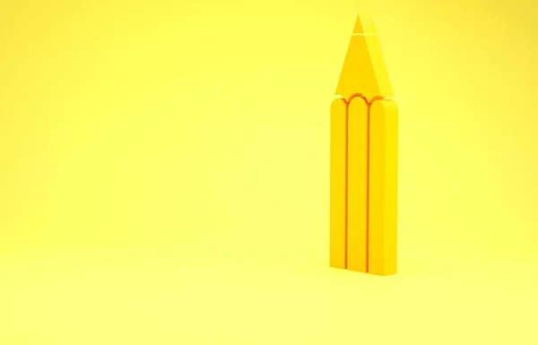 Ikon pensil kuning diisolasi pada latar belakang kuning. Tanda pendidikan. Menggambar dan alat-alat pendidikan. Simbol kantor sekolah. Konsep minimalisme. Tampilan 3D ilustrasi 3d — Stok Foto