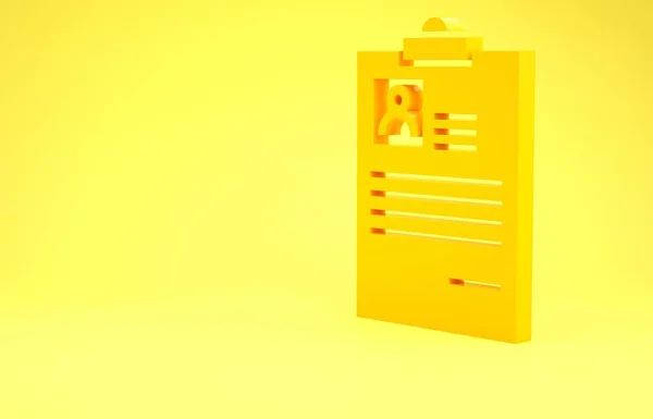 Желтый буфер обмена с иконкой резюме изолирован на желтом фоне. Резюме. Резюме из учебного плана, анкета с фотографией в профиле. Концепция минимализма. 3D-рендеринг — стоковое фото