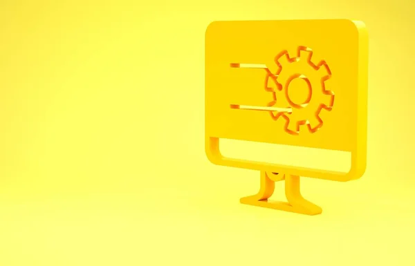 Monitor Komputer Kuning dengan ikon grafik terisolasi pada latar belakang kuning. Laporkan ikon berkas teks. Tanda akuntansi. Audit, analisis, perencanaan. Konsep minimalisme. Tampilan 3D ilustrasi 3d — Stok Foto