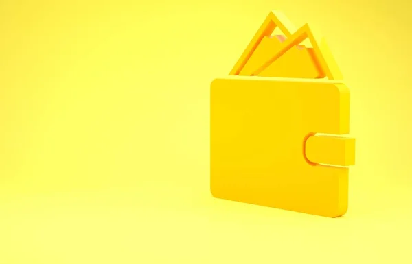 Portefeuille jaune avec piles icône de trésorerie de papier-monnaie isolé sur fond jaune. Icône de sac. Symbole d'épargne. Concept de minimalisme. Illustration 3D rendu 3D — Photo