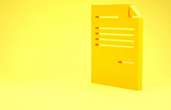 Gele Document pictogram geïsoleerd op gele achtergrond. Bestand icoon. Checklist icoon. Bedrijfsconcept. Minimalisme concept. 3d illustratie 3d renderen — Stockfoto