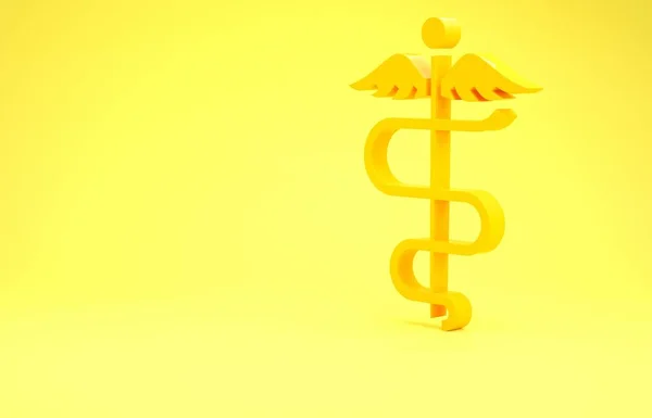 Yellow Caduceus snake medical symbol icon isolated on yellow background. Medicine and health care. Emblem for drugstore or medicine, pharmacy. Minimalism concept. 3d illustration 3D render