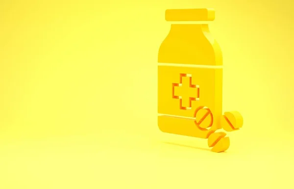 Yellow Medicine garrafa e pílulas ícone isolado no fundo amarelo. Sinal de pílula de garrafa. Design de farmácia. Conceito de minimalismo. 3D ilustração 3D render — Fotografia de Stock