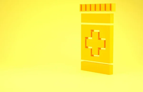 Κίτρινη φιάλη φάρμακο απομονώνεται σε κίτρινο φόντο. Πινακίδα χαπιού. Σχεδιασμός φαρμακείου. Μινιμαλιστική έννοια. 3D απεικόνιση 3d καθιστούν — Φωτογραφία Αρχείου