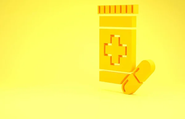 Sarı ilaç şişesi ve sarı arka planda izole edilmiş hap ikonu. Şişe hapı işareti. Eczane tasarımı. Minimalizm kavramı. 3d illüstrasyon 3d canlandırma — Stok fotoğraf